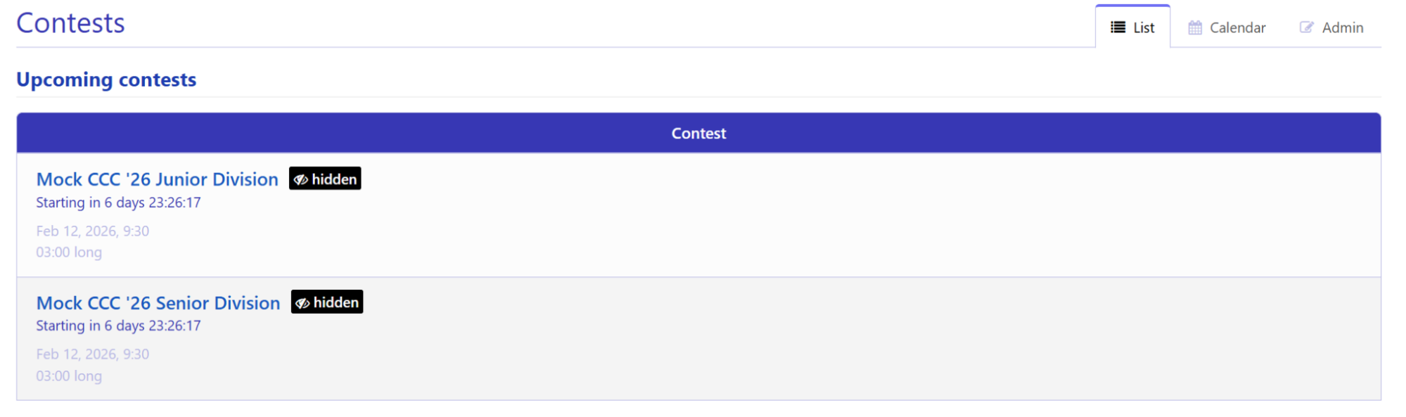 Page that shows currently running contests as well as previous contests
