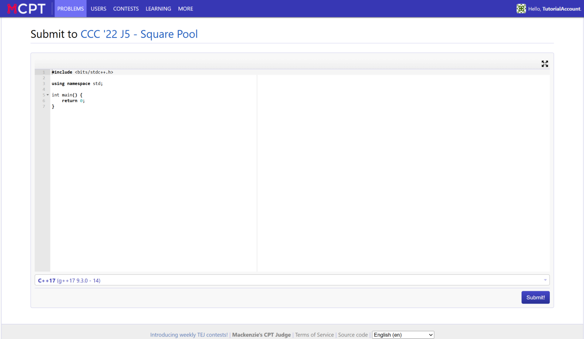 Submission page with a programming language dropbox and a text box input for code