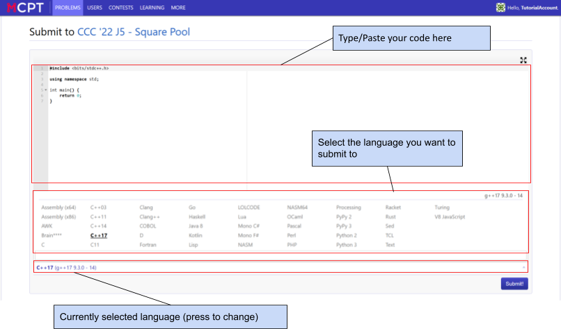 Submission page with various elements labelled